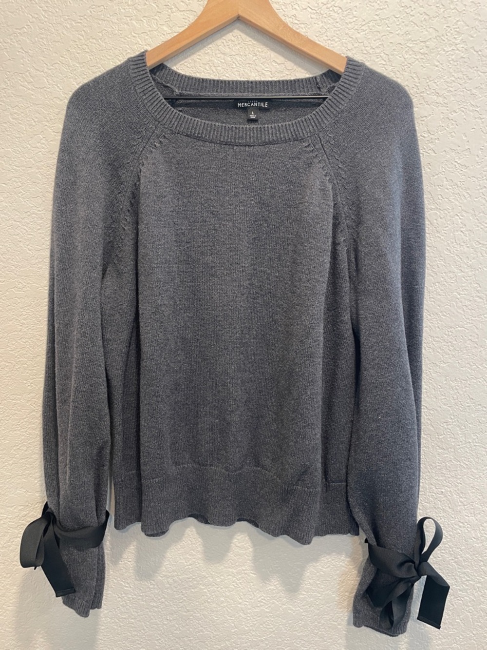 J.Crew Mercantile Gray Sweater Size L Merino Wool Blend Bow Sleeve Cozy Knit